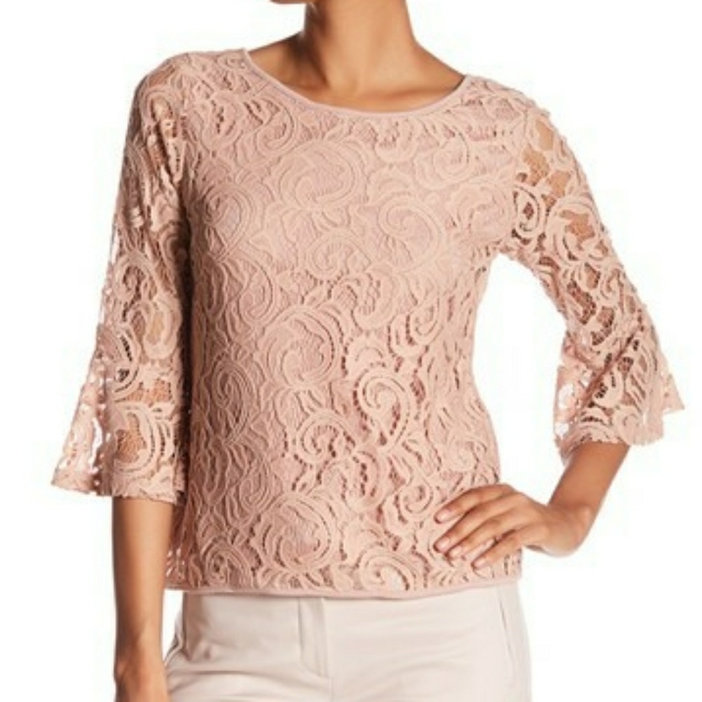 Adrianna Papell 3/4 Length Lace Bell Sleeve Top